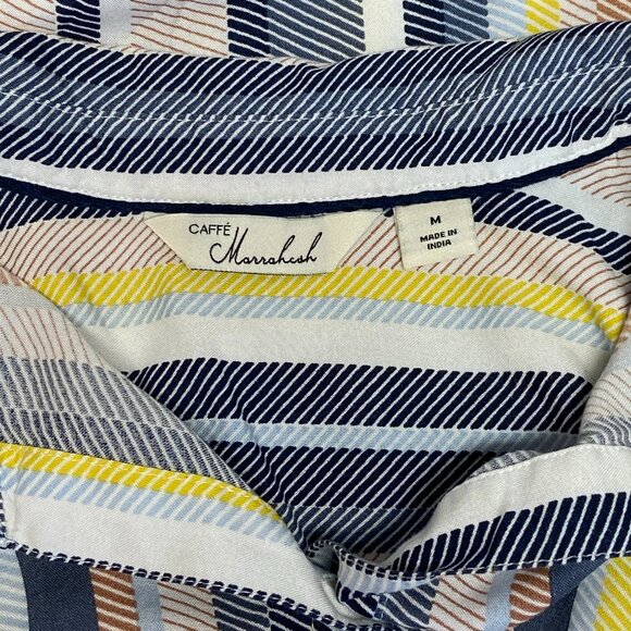 Café Marrakesh Stripe Tunic Shirt M Relaxed Roll Sleeve Button-Up Collared Top - Picture 10 of 12